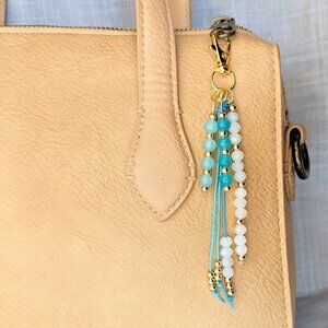 TEAL BLUE & GOLD GLASS BEADED CHARM FOR HANDBAG TOTE PURSE OR BACKPACK